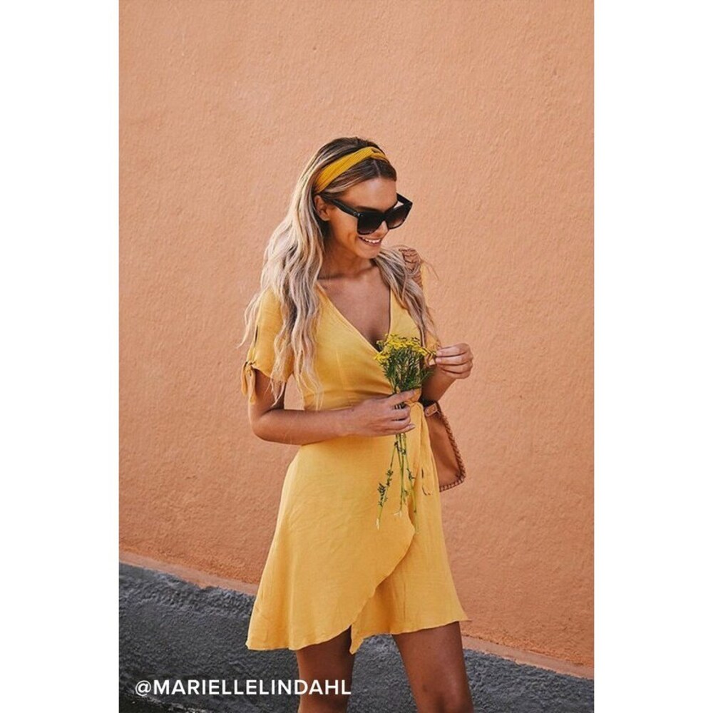 Lulus My Philosophy Golden Yellow Wrap Dress - Size XS